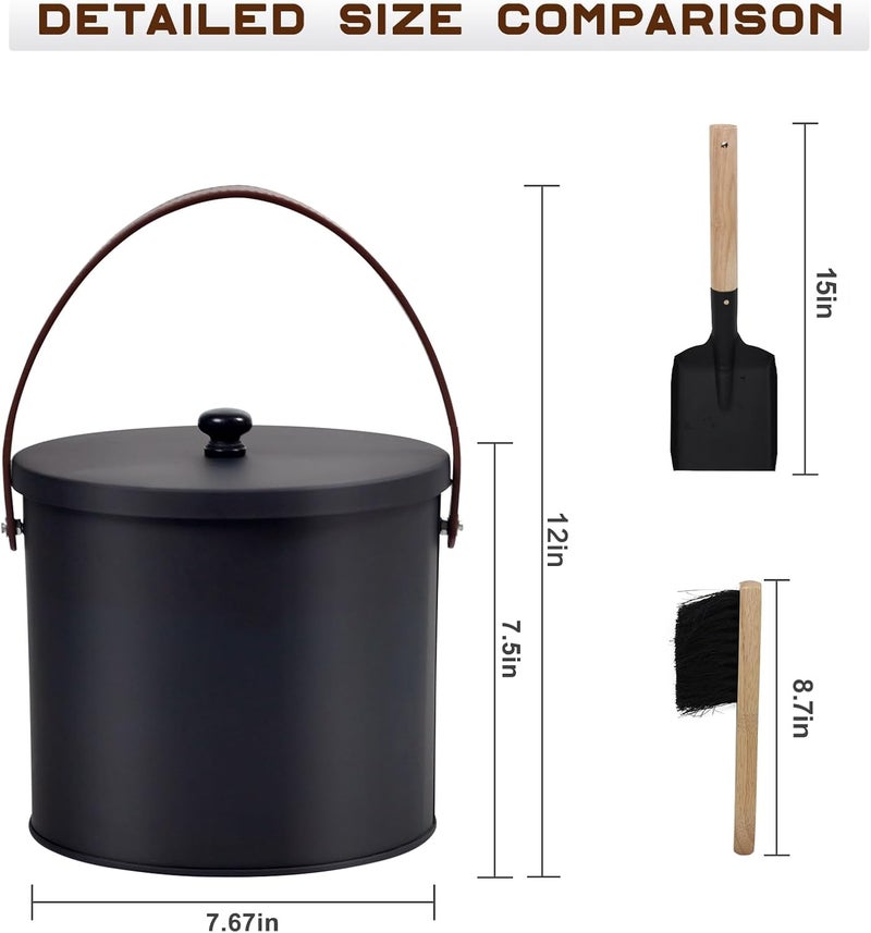 BRIAN & DANY Mini Ash Bucket with Lid and Shovel, 1.2 Gallon Fireplace Bucket with Broom, Perfect for Fireplaces, Wood Stoves - Image 2