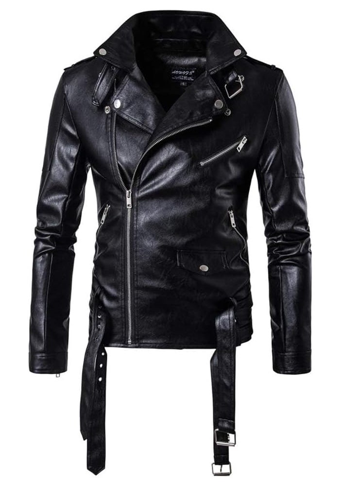 PASOK Men's PU Leather Motorcycle Jacket with Belt, Black, XL - Image 3