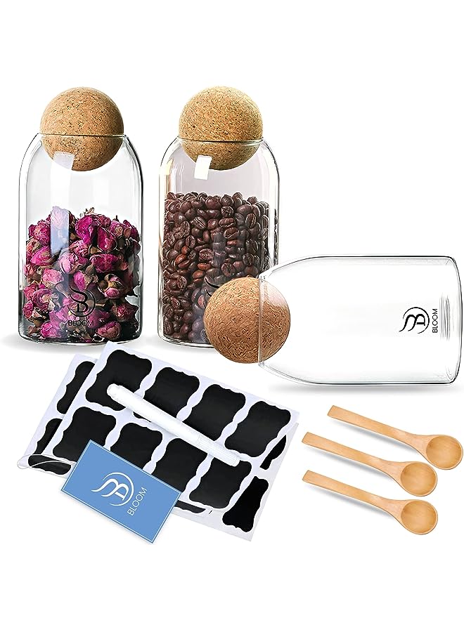 IAF 700ml Glass Storage Container with Ball Cork, Cute Decorative Organizer Bottle Canister Jar with Airtight Wood Lid and Spoons for Kitchen Pantry Bathroom Office Food Coffee Candy (238g 14.8x9cm) - Image 1