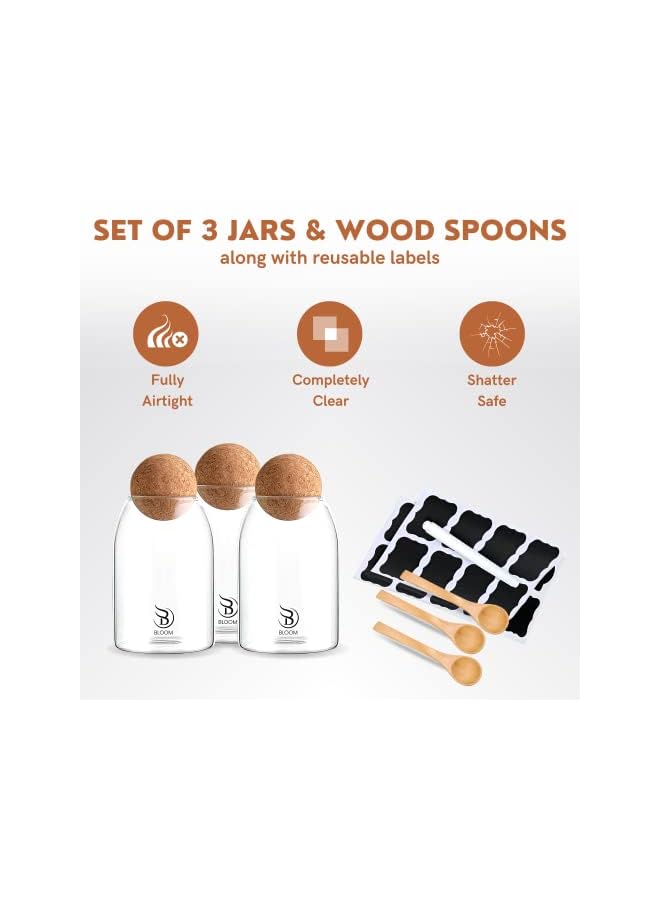 IAF 700ml Glass Storage Container with Ball Cork, Cute Decorative Organizer Bottle Canister Jar with Airtight Wood Lid and Spoons for Kitchen Pantry Bathroom Office Food Coffee Candy (238g 14.8x9cm) - Image 3