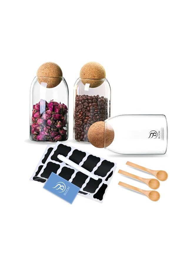 IAF 700ml Glass Storage Container with Ball Cork, Cute Decorative Organizer Bottle Canister Jar with Airtight Wood Lid and Spoons for Kitchen Pantry Bathroom Office Food Coffee Candy (238g 14.8x9cm) - Image 2