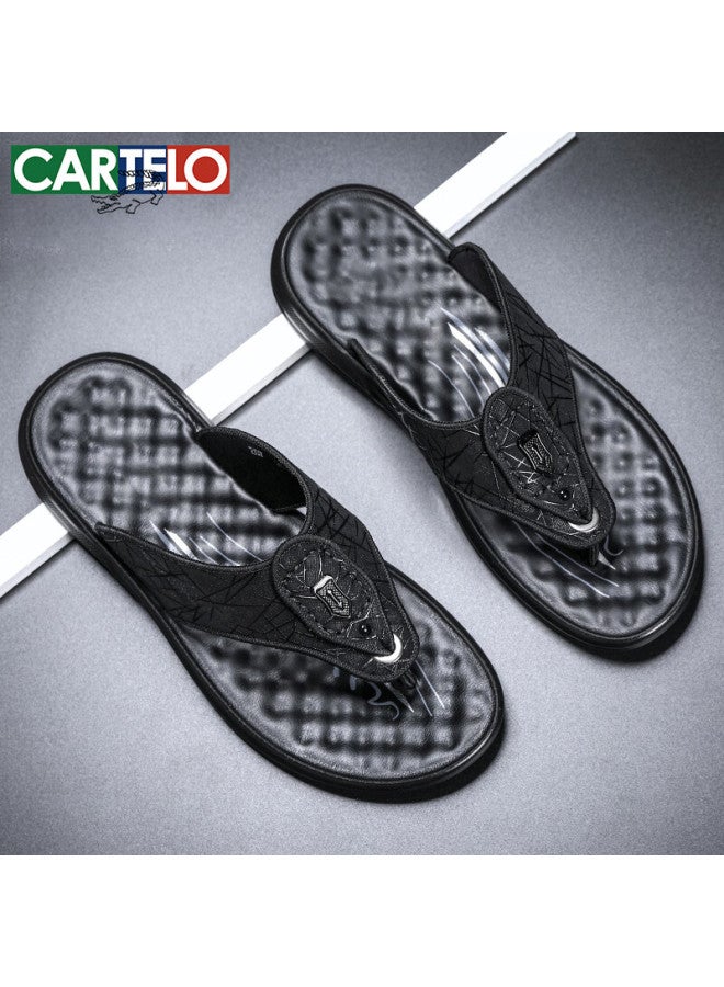 Cartelo Men's Summer Breathable Slippers Wear-resistant Toe-clamp Men's Flip-flops Ice Silk Cloth Men's Cool Slippers 9605 Black Size 41 - Image 1