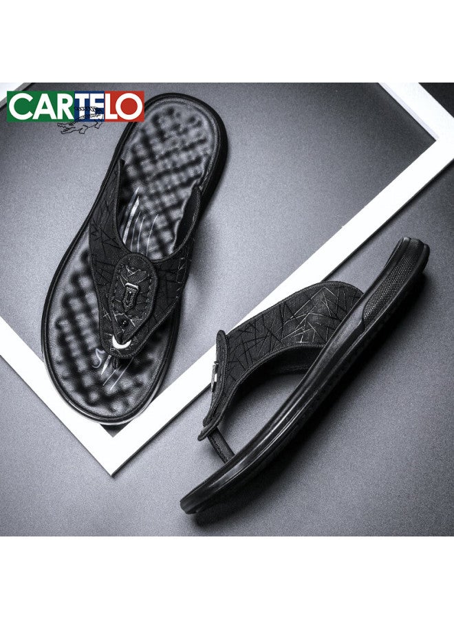 Cartelo Men's Summer Breathable Slippers Wear-resistant Toe-clamp Men's Flip-flops Ice Silk Cloth Men's Cool Slippers 9605 Black Size 41 - Image 3
