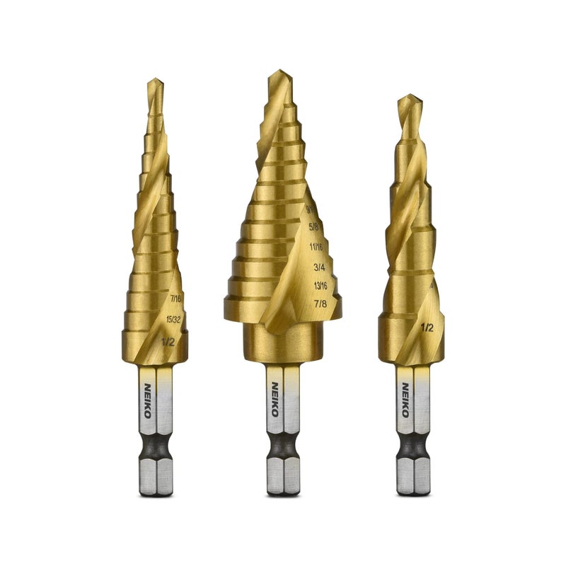 NEIKO 10181A Step Drill Bit Set, 3 Piece, Spiral Grooved for Faster Drilling, Step Bits for Stainless Steel, Metal, Wood, Plastic, Unibit Cone Drill Bits with 31 Step Sizes Total - Image 1