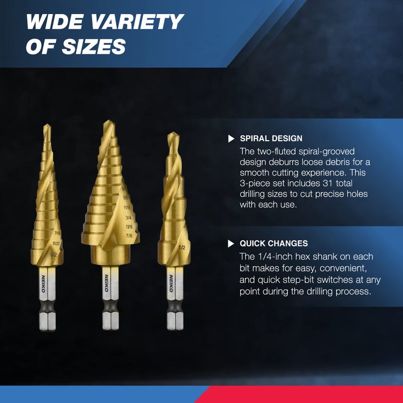 NEIKO 10181A Step Drill Bit Set, 3 Piece, Spiral Grooved for Faster Drilling, Step Bits for Stainless Steel, Metal, Wood, Plastic, Unibit Cone Drill Bits with 31 Step Sizes Total - Image 3