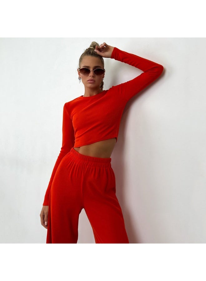 NIBEMINENT Fashion Women's Casual Clothing Short Slim Fit Long-sleeved Round Neck T-shirt Trousers Suit Ladies Pants Two-piece set - Image 1