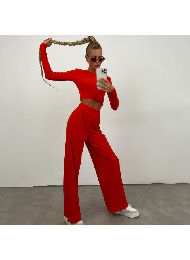 NIBEMINENT Fashion Women's Casual Clothing Short Slim Fit Long-sleeved Round Neck T-shirt Trousers Suit Ladies Pants Two-piece set - Image 2