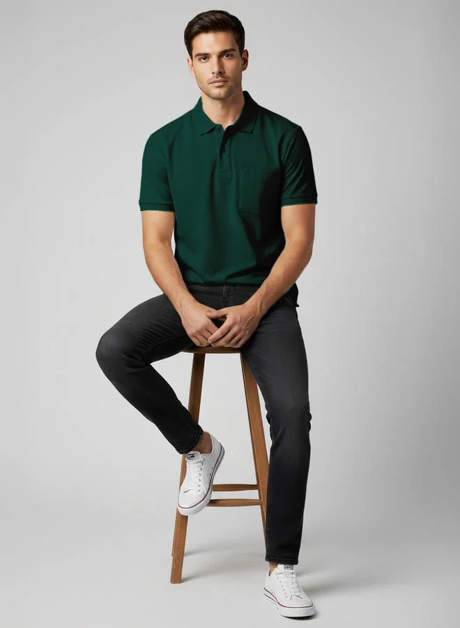 FERVORO Men Green Cotton Polo with Pocket