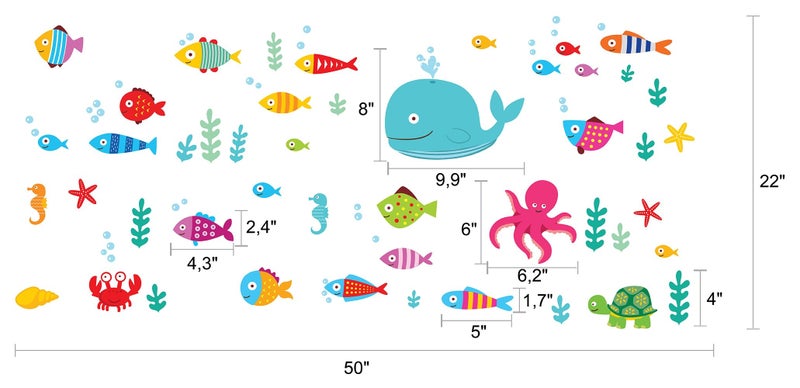 DesignStickers Ocean Fish Wall Decals - Sea Whale Turtle Tropical Creatures Bathroom Stickers - Cartoon Decorative Bathroom Wall Decal for Kids [>50 Art Decals] - Image 2