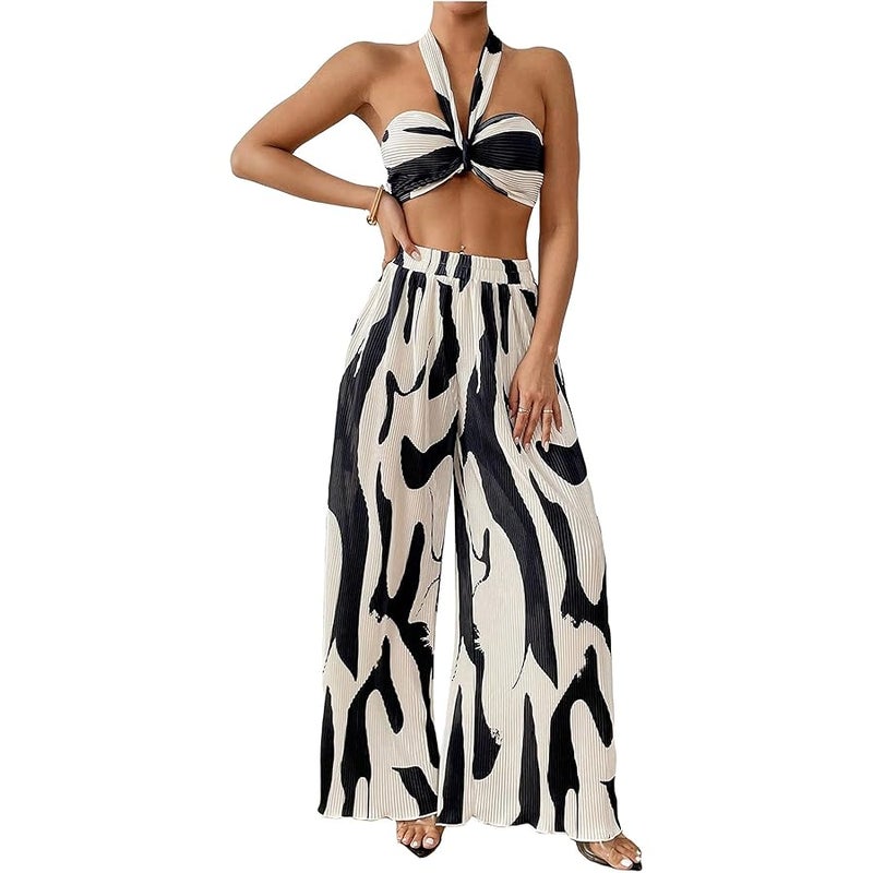 OYOANGLE Women's 2 Piece Vacation Outfits Graphic Print Knitted Crop Halter Top and Wide Leg Pants Set - Image 1