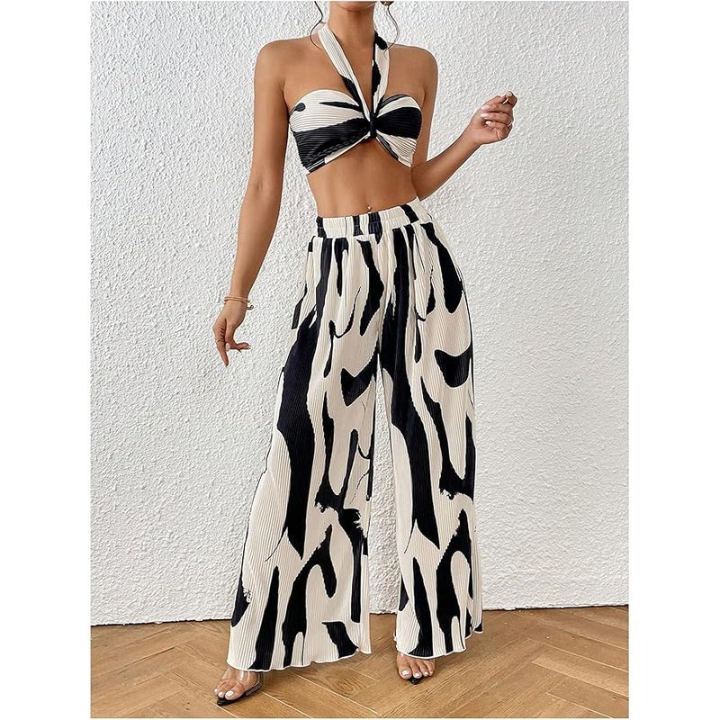 OYOANGLE Women's 2 Piece Vacation Outfits Graphic Print Knitted Crop Halter Top and Wide Leg Pants Set - Image 4