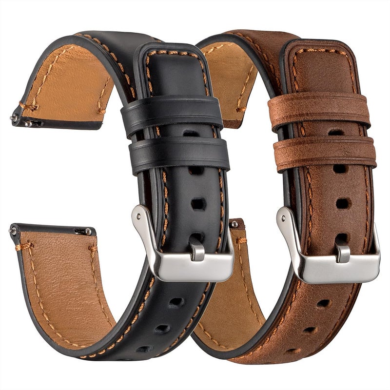 Snowoxen Galaxy Watch 6 Bands 2 Packs, Compatible with Samsung Galaxy Watch 6 Classic 47mm 43mm/ Galaxy Watch 6 40mm 44mm Band, 20mm Genuine Leather Quick Release Women Men's Band (Black+Brown) - Image 2