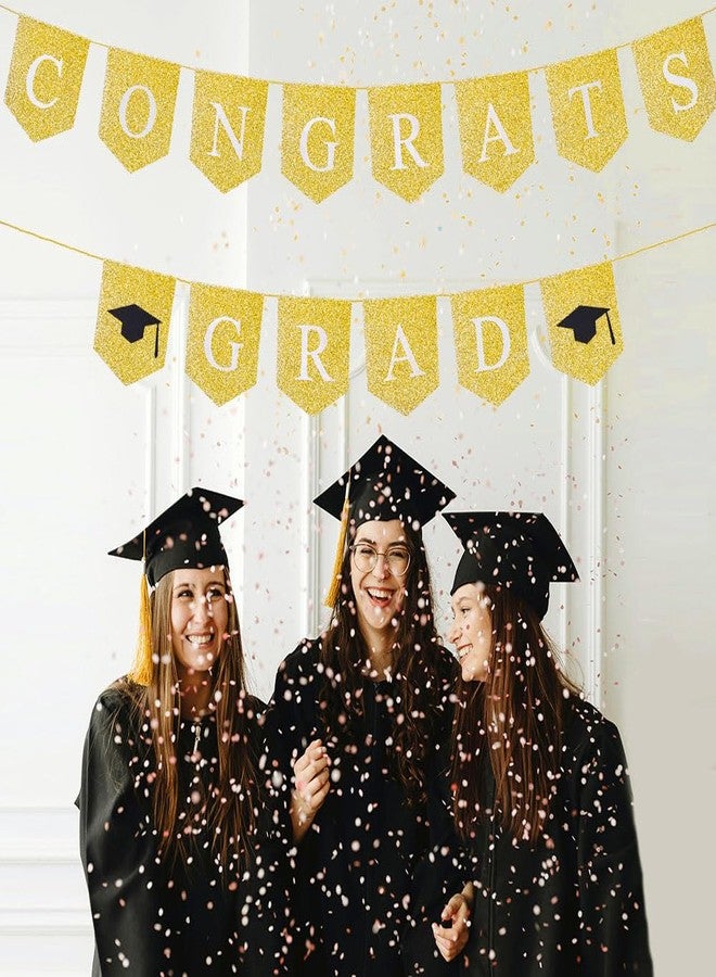 CROWNOS Glitter Congrats Grad Banner, Prestrung Gold Graduation Banner Sign for Congratulations Party Decorations 2025 - Image 4