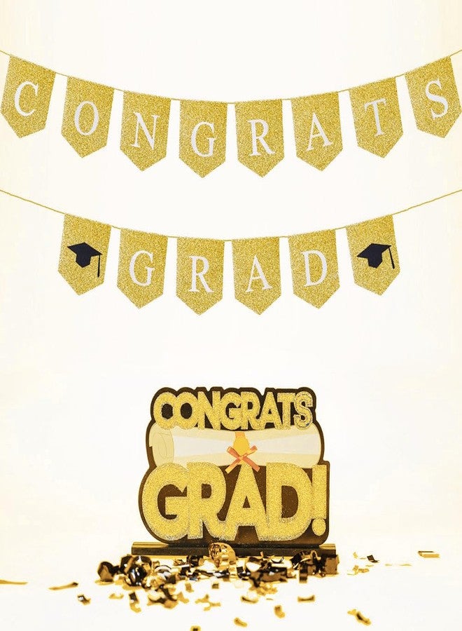 CROWNOS Glitter Congrats Grad Banner, Prestrung Gold Graduation Banner Sign for Congratulations Party Decorations 2025 - Image 3