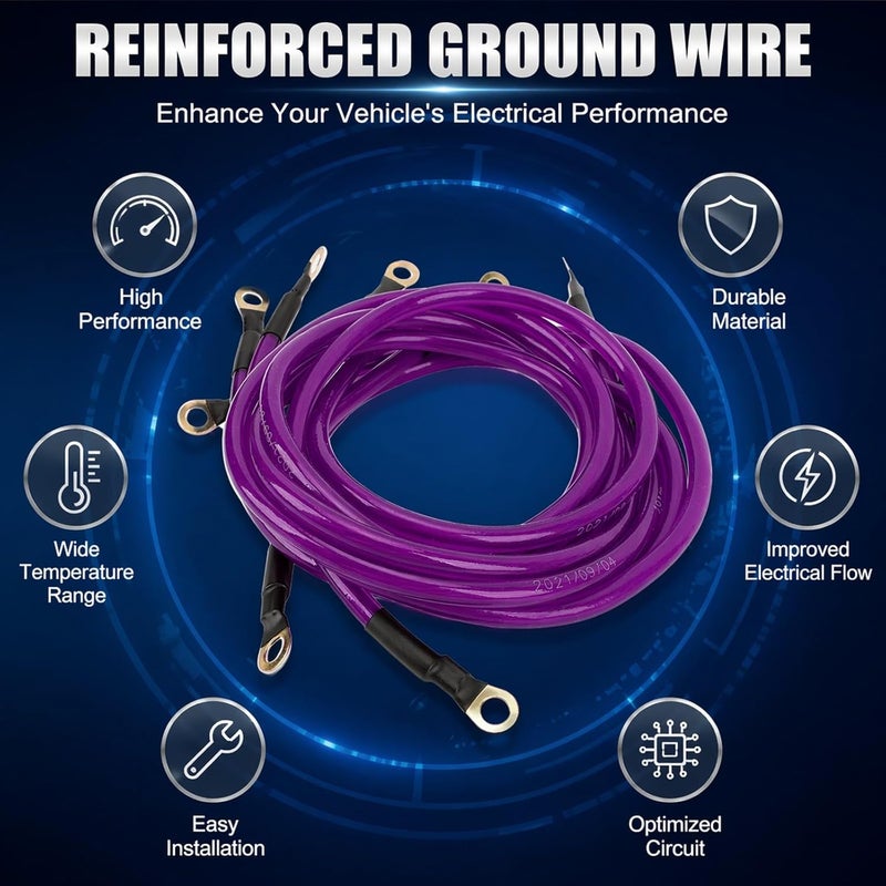 Car Ground Wire Kit, 5 Pieces PVC Copper Clad Aluminium, DC 0 to 48V - Enhanced Starting Performance, Easy Installation, Compatible with Cars Boats Trucks SUVs (Purple) - Image 2