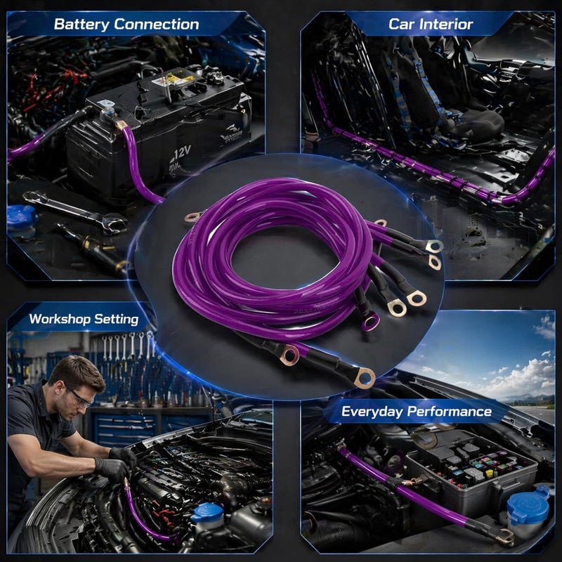 Car Ground Wire Kit, 5 Pieces PVC Copper Clad Aluminium, DC 0 to 48V - Enhanced Starting Performance, Easy Installation, Compatible with Cars Boats Trucks SUVs (Purple) - Image 3