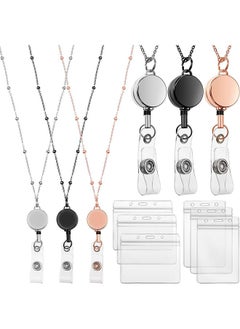 DAREU 3-Piece Retractable Badge Lanyard with Beaded Necklace and 6 Waterproof ID Card Holders, Stainless Steel Badge Holder with Reel for Women and Men – Rose Gold, Silver, Black  - Image 1