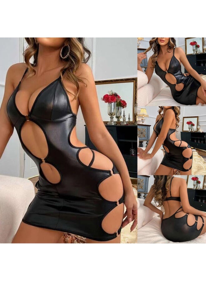 فستان جلد صناعي بحمالات سباغيتي - Image 1