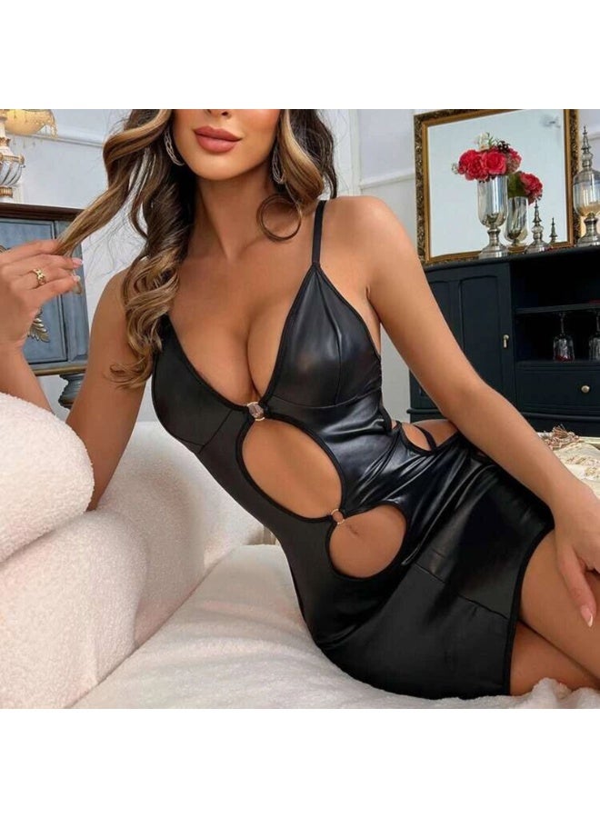 فستان جلد صناعي بحمالات سباغيتي - Image 4