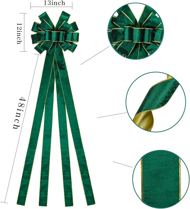BUVANE Christmas Tree Topper,48x13 Inches Velvet Toppers Bow,Large Decorative Bows for Christmas Decoration (Green) - Image 2