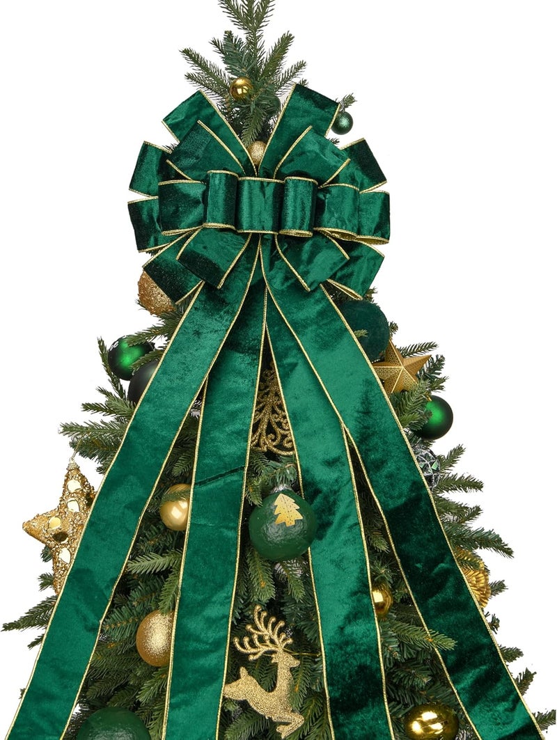 BUVANE Christmas Tree Topper,48x13 Inches Velvet Toppers Bow,Large Decorative Bows for Christmas Decoration (Green) - Image 3