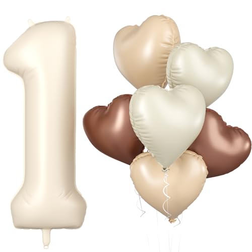 Biapian 40 Inch Cream White Number 1 Balloons Beige White Large Number One Balloon with Cream Foil Heart Balloons for 1st Birthday Decorations First One Year Boys Girls Baby Shower Party Decor - Image 1