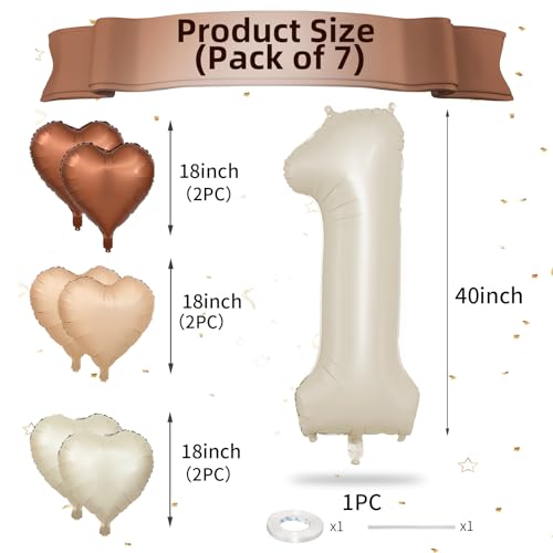 Biapian 40 Inch Cream White Number 1 Balloons Beige White Large Number One Balloon with Cream Foil Heart Balloons for 1st Birthday Decorations First One Year Boys Girls Baby Shower Party Decor - Image 5