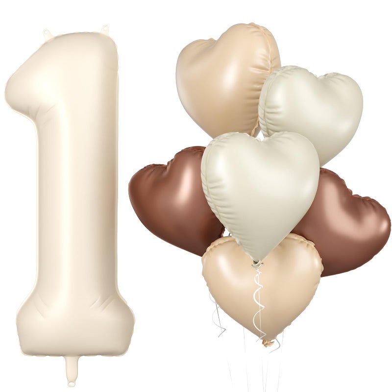 Biapian 40 Inch Cream White Number 1 Balloons Beige White Large Number One Balloon with Cream Foil Heart Balloons for 1st Birthday Decorations First One Year Boys Girls Baby Shower Party Decor - Image 3