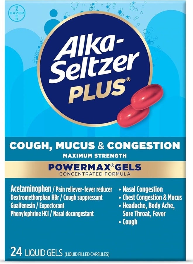 Alka-Seltzer Plus Maximum Strength Cough, Mucus & Congestion Powermax Liquid Gels, Fast and Effective Chest Congestion Relief, Cough Suppressant, For Adults and Children 12 Years and Older 24 Count - Image 1