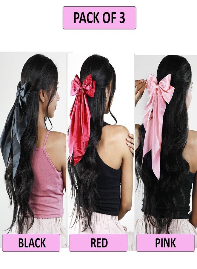 kapimo 3 Pcs Bow Hair Clips for Women Girls Satin layered Barrette Ribbon Hairclips Stylish Hair Accessories (Black - Red - Pink) - Image 3