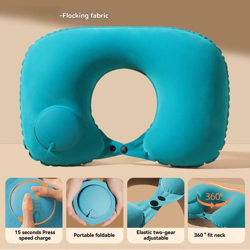 Inflatable u-shaped pillow, travel portable neck pillow, press-type inflatable pillow neck pillow, flocking model - Image 5
