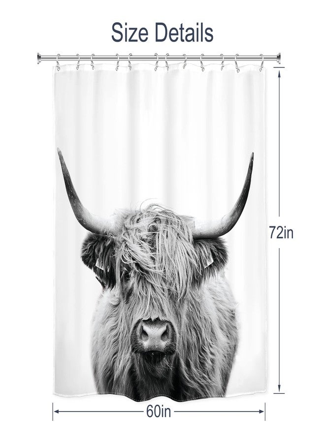 AMBZEK Highland Cow Shower Curtain 60Wx72L Inch Rustic Bull Portrait Western Farmhouse Cattle Country Restroom Accessories Funny Cute Farm Animal Grey White Fabric Bathroom Decor Set with 12 Hooks - Image 5