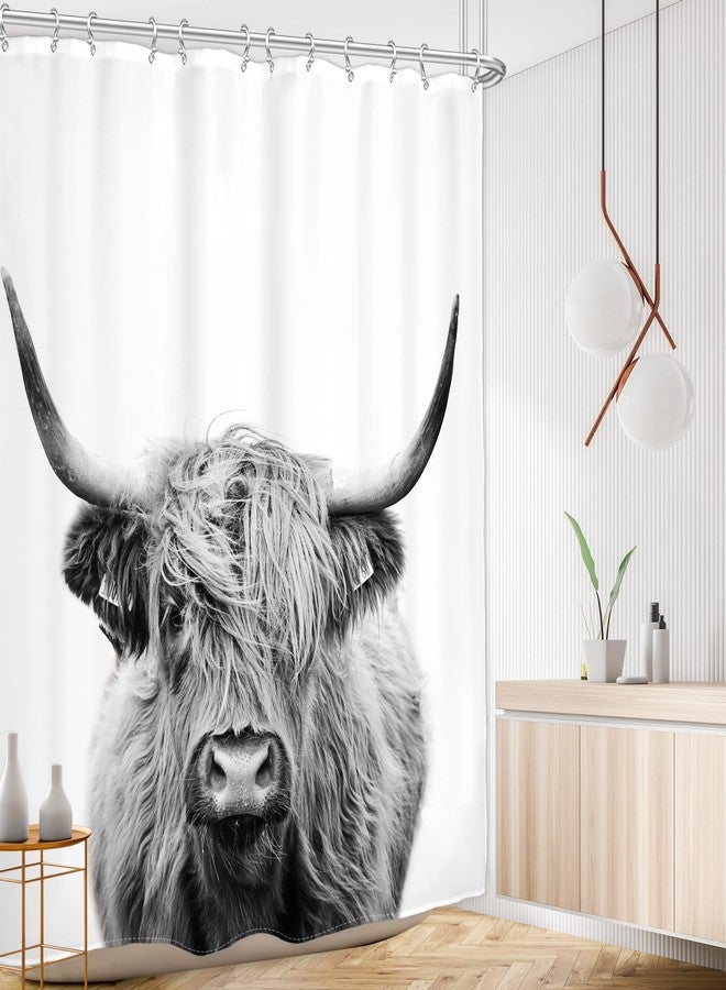 AMBZEK Highland Cow Shower Curtain 60Wx72L Inch Rustic Bull Portrait Western Farmhouse Cattle Country Restroom Accessories Funny Cute Farm Animal Grey White Fabric Bathroom Decor Set with 12 Hooks - Image 2