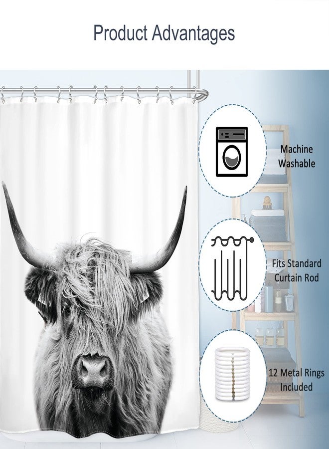 AMBZEK Highland Cow Shower Curtain 60Wx72L Inch Rustic Bull Portrait Western Farmhouse Cattle Country Restroom Accessories Funny Cute Farm Animal Grey White Fabric Bathroom Decor Set with 12 Hooks - Image 3