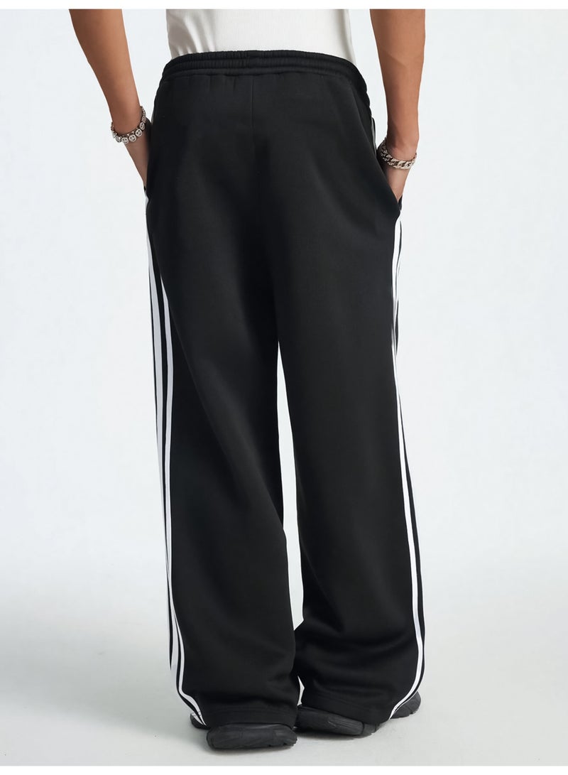 Maniac Mens Side Stripe Black and White Cotton Baggy Fit Trackpant - Image 3