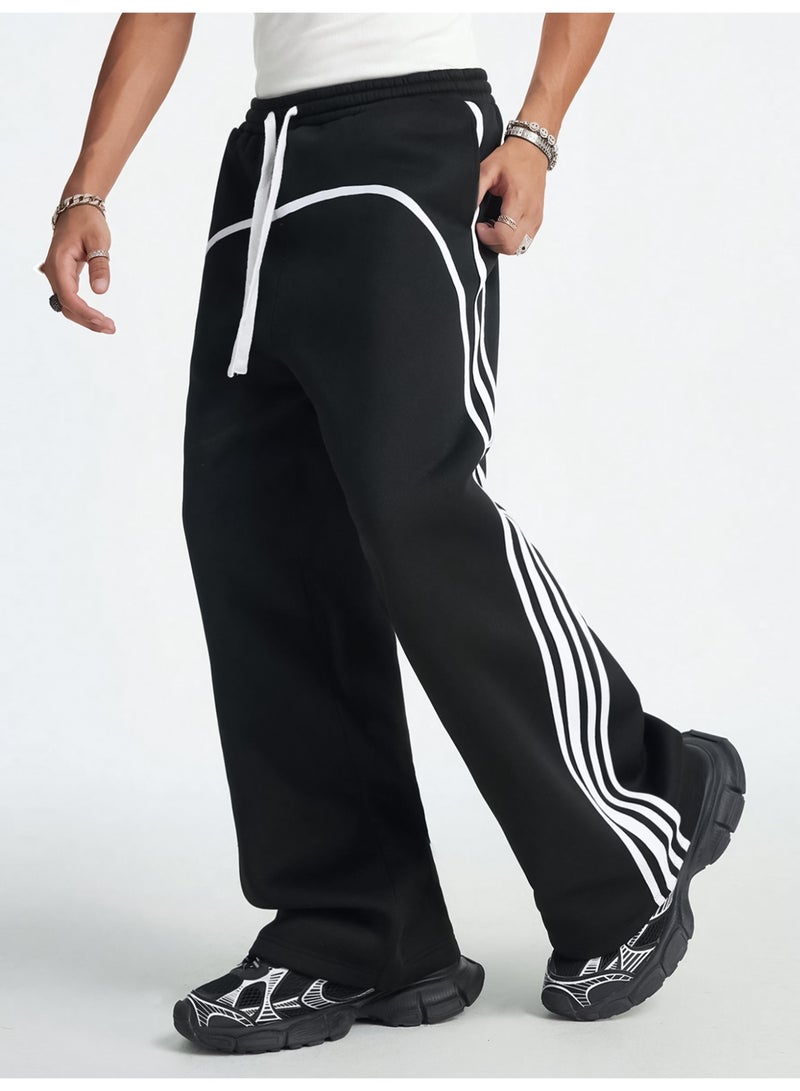 Maniac Mens Side Stripe Black and White Cotton Baggy Fit Trackpant - Image 4
