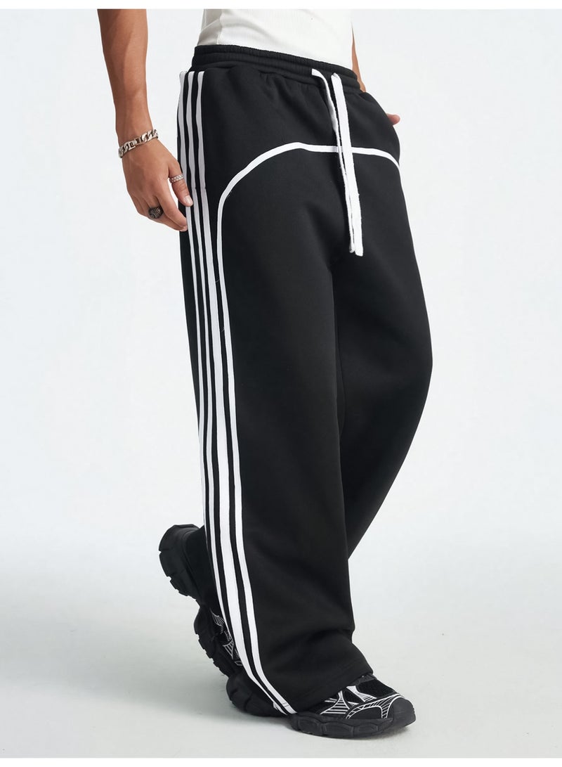 Maniac Mens Side Stripe Black and White Cotton Baggy Fit Trackpant - Image 1