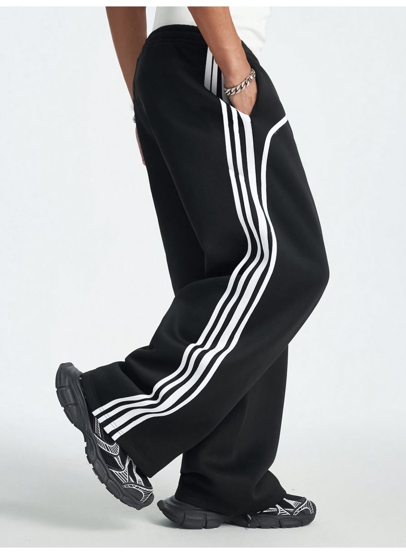 Maniac Mens Side Stripe Black and White Cotton Baggy Fit Trackpant - Image 2