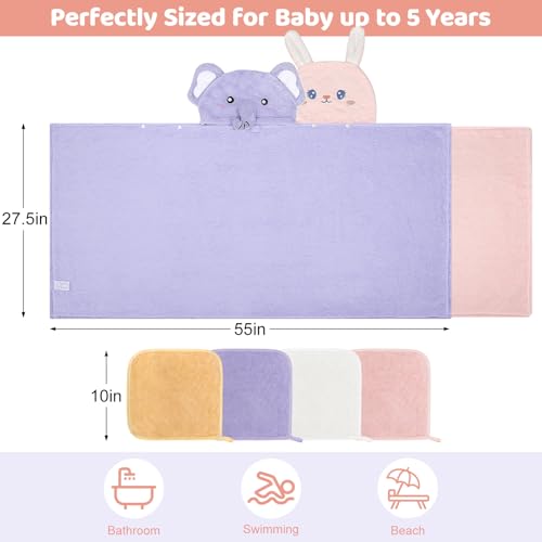 CandyHome 6 PCS Toddler Towels Set for Boy Girl 05 Year 2 PCS Absorbent Hooded Baby Bath Towels Large 55 x 275 4 PCS Washcloths Ultra Soft Toddler Newborn Bath Essentials Gifts Rabbit Elephant - Image 3