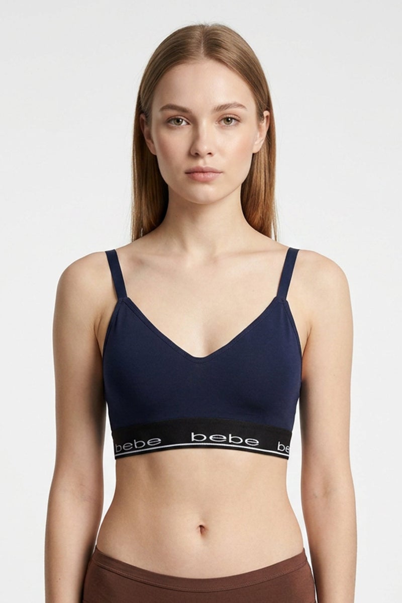 bebe Women Brand Logo Padded Bralette, Navy Blue - Image 1