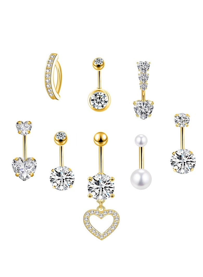 مجموعة إبر سرة 8 قطع من الاستانلس ستيل الذهبي القصير - مرصعة بزركون وبتصميم قلب لامع