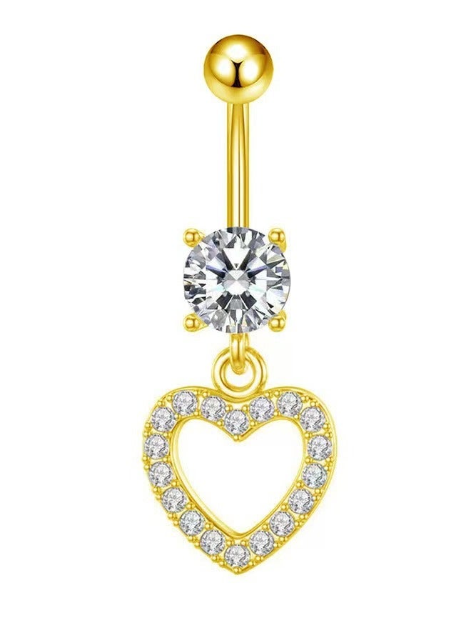 مجموعة إبر سرة 8 قطع من الاستانلس ستيل الذهبي القصير - مرصعة بزركون وبتصميم قلب لامع