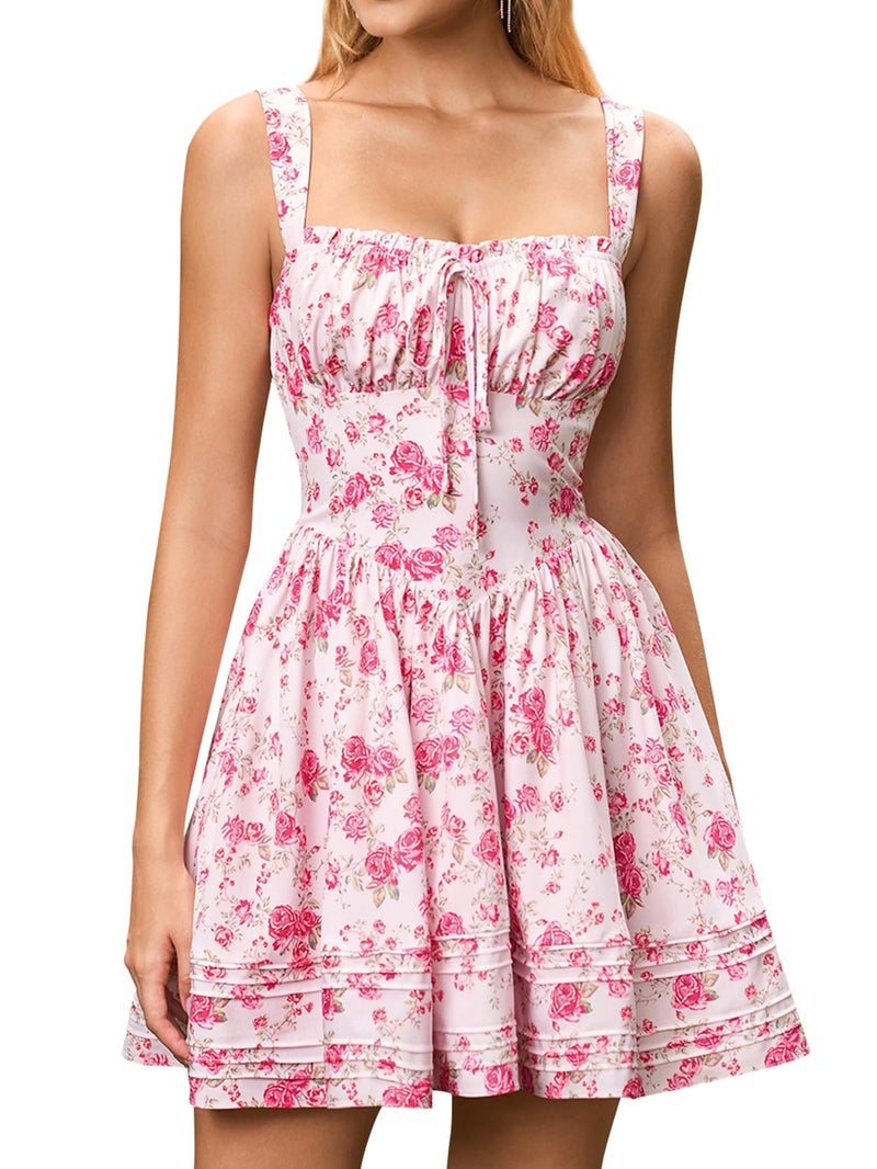 HTZMO Women Summer Casual Print Square Neck Mini Sundress Corset A Line Cute Graduation Party Short Dress Rose M - Image 1