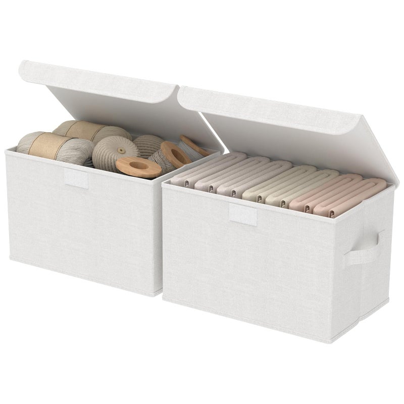 GUOHNHE Fabric Storage Bin with Lid, Closet Boxes with Cover, Collapsible Stackable Organizer Basket with 2 Handles, for Home and Bedroom, 2 Pack, White, 10.2 x 7.9 x 6.7 In, XSNY12WS-2 - Image 1