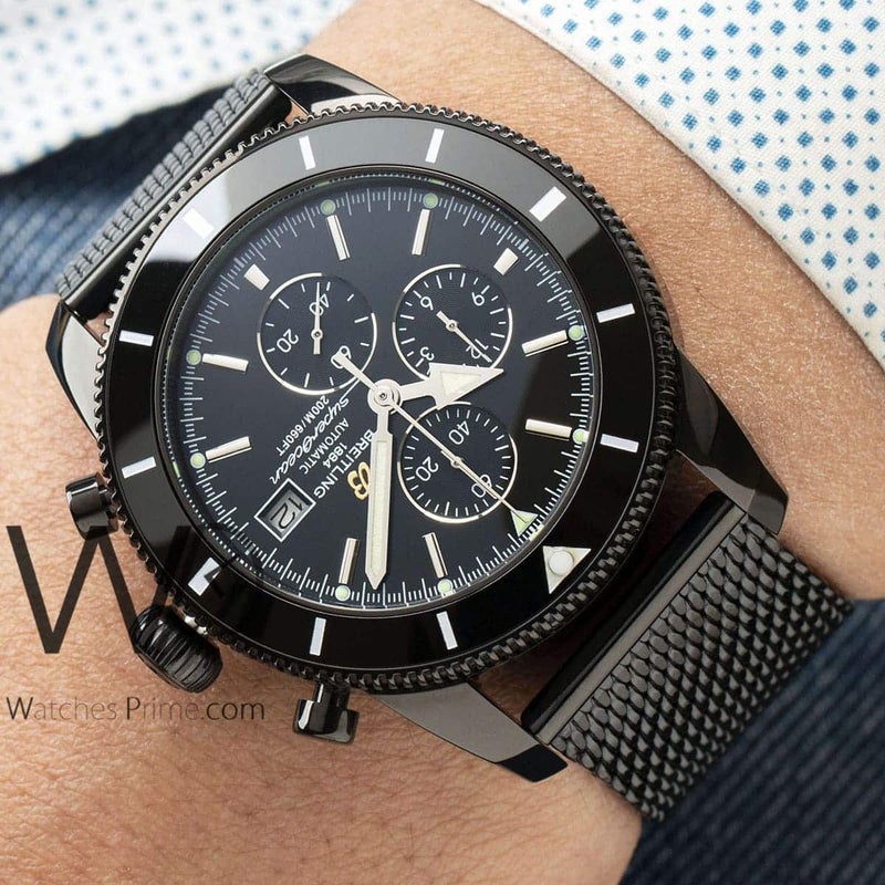 Breitling Chronograph Black Watch for Men with Black Mesh Stainless steel Belt - Image 3