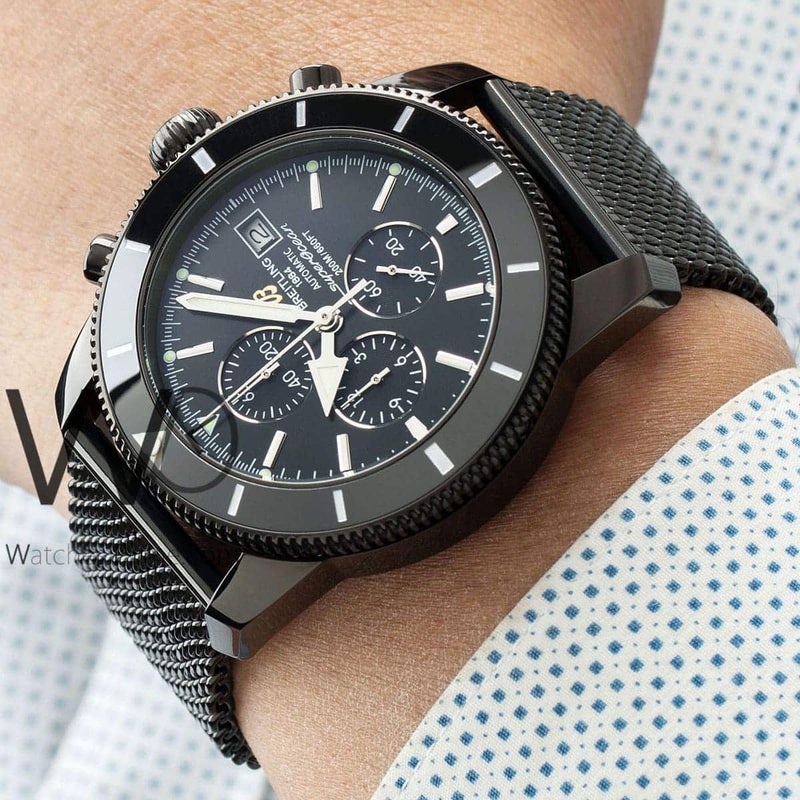 Breitling Chronograph Black Watch for Men with Black Mesh Stainless steel Belt - Image 2