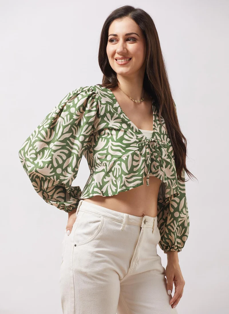globus Globus Women Green V-Neck Bishop Sleeves Abstract Print Tie-Up Detail Wrap Top