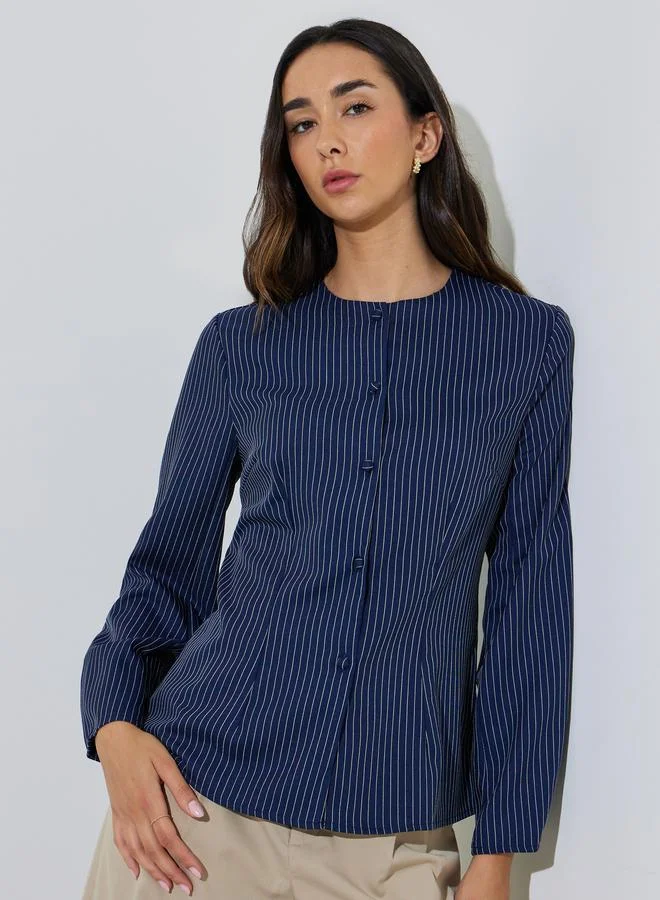 ستايلي Blue Striped Long Sleeve Blouse