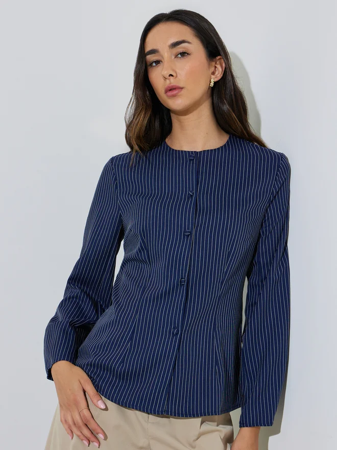 Styli Styli Blue Striped Long Sleeve Blouse