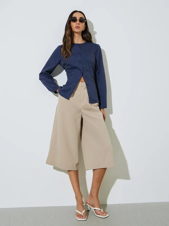 Styli Styli Blue Striped Long Sleeve Blouse